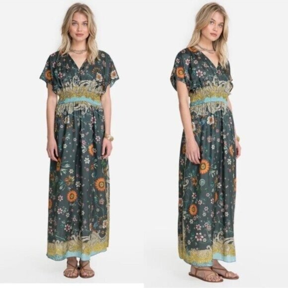 NWT Johnny Was Baize Silk Maxi Floral Dress S Multi Slip Vneck Smocked Slit - Picture 1 of 13